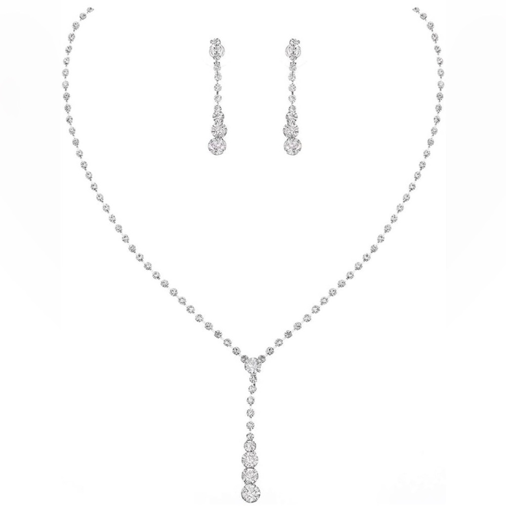 Bride Silver Bridal Necklace Earrings Set Crystal